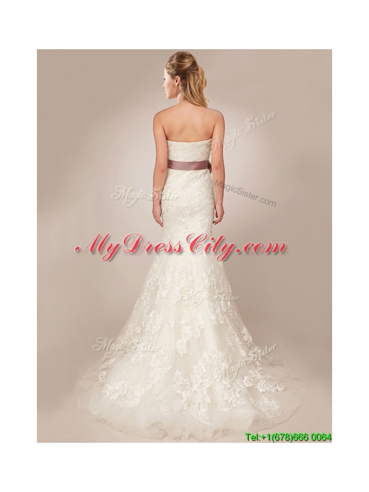 Classical Mermaid Strapless Side Zipper Wedding Dresses with Lace and Sashes