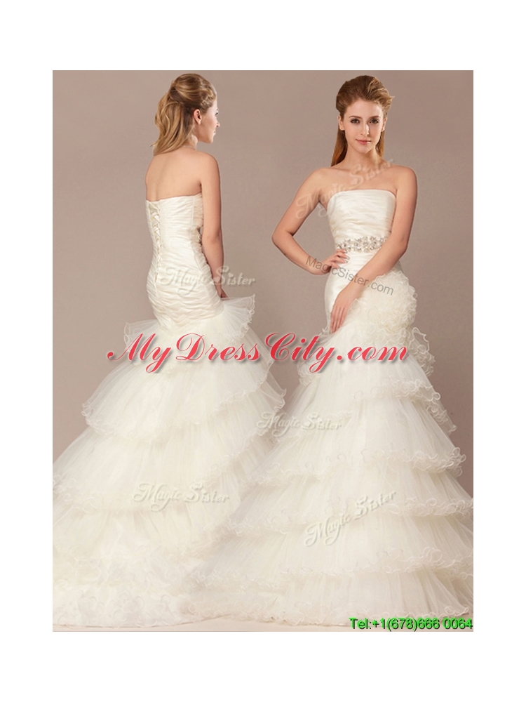 Exquisite Mermaid Beading and Ruffles Layers Wedding Dresses with Brush Train