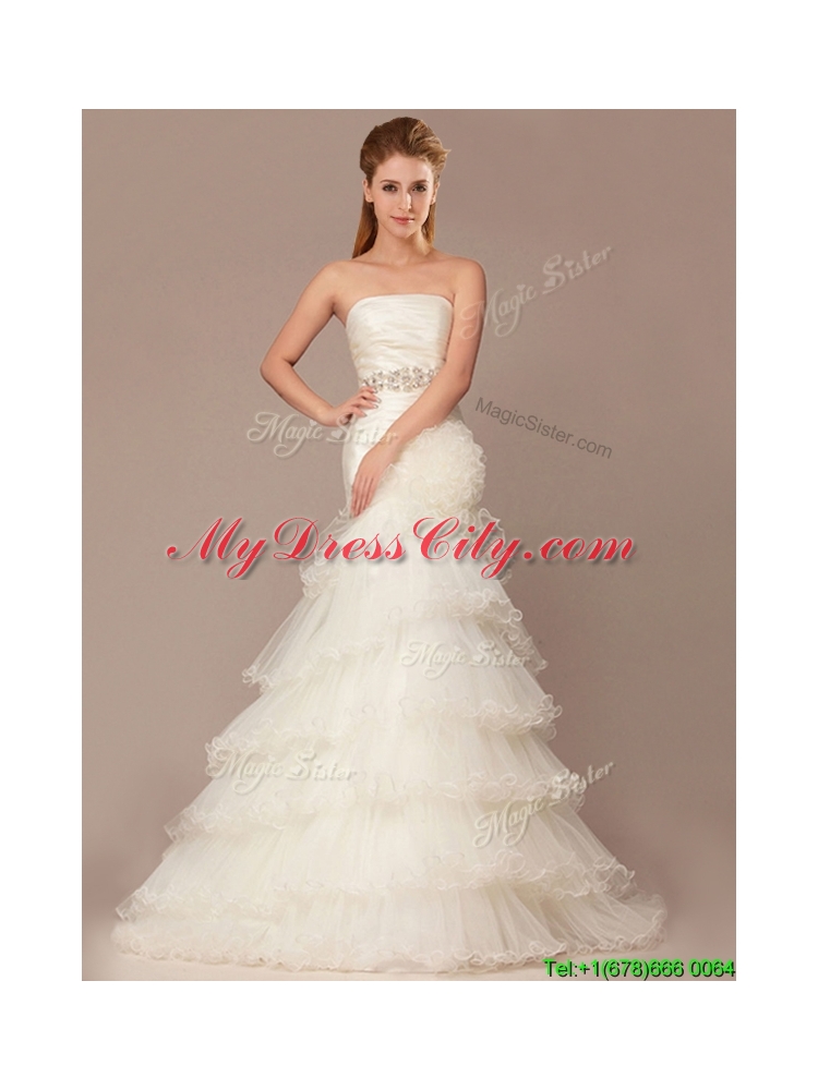 Exquisite Mermaid Beading and Ruffles Layers Wedding Dresses with Brush Train