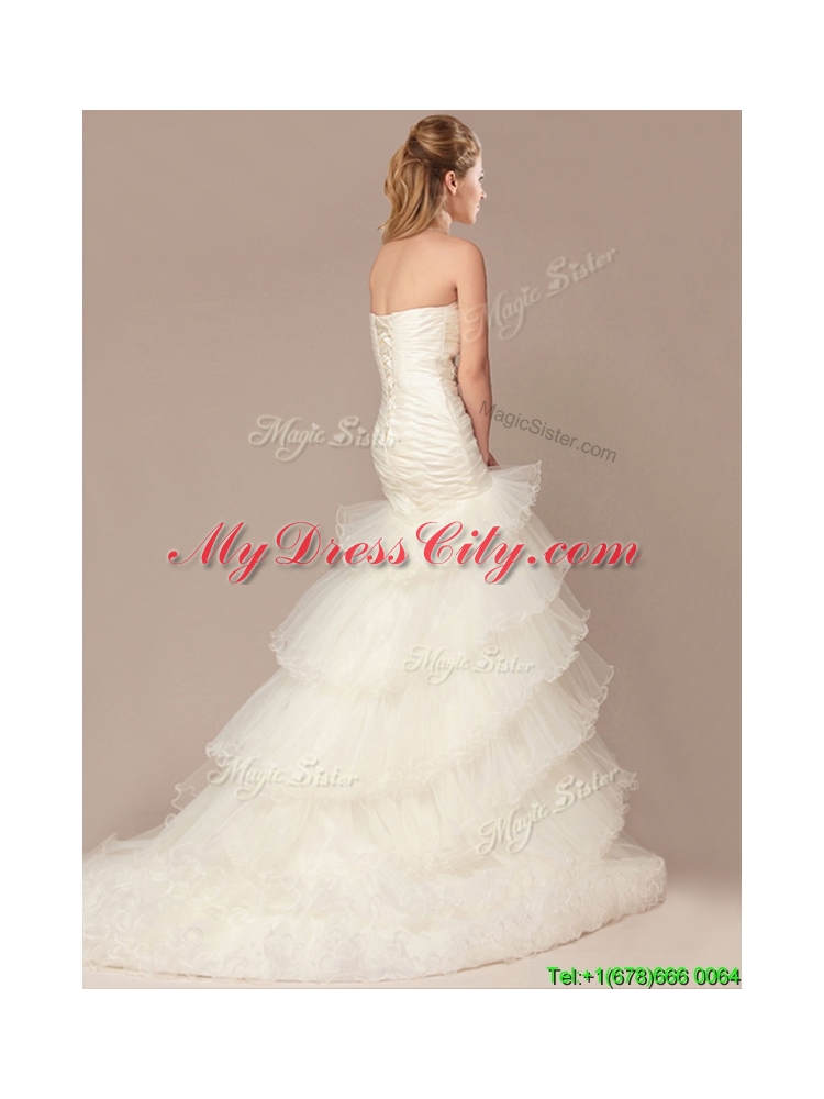 Exquisite Mermaid Beading and Ruffles Layers Wedding Dresses with Brush Train