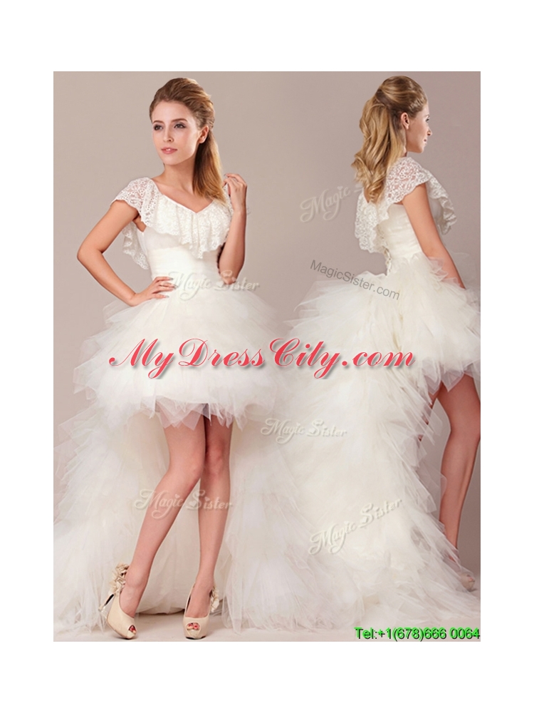 Fashionable High Low Detachable Wedding Dresses with Lace and Ruffles