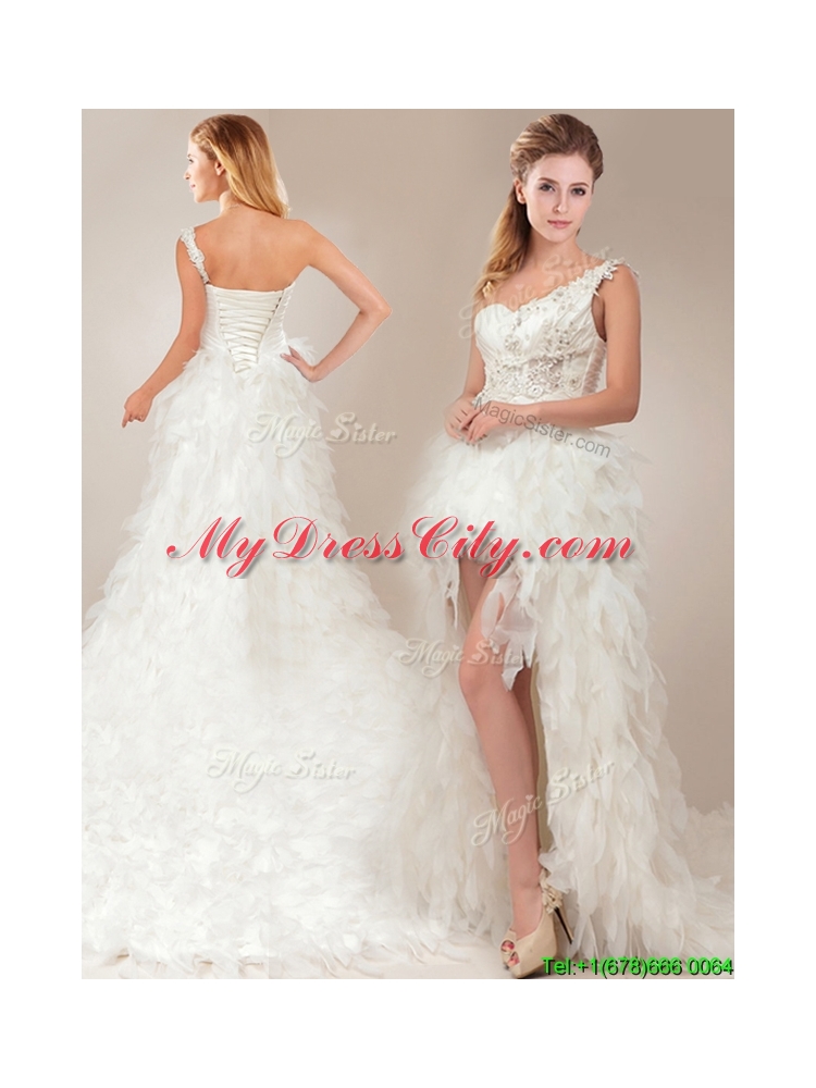 Fashionable One Shoulder High Low Wedding Dresses with Ruffles and Appliques