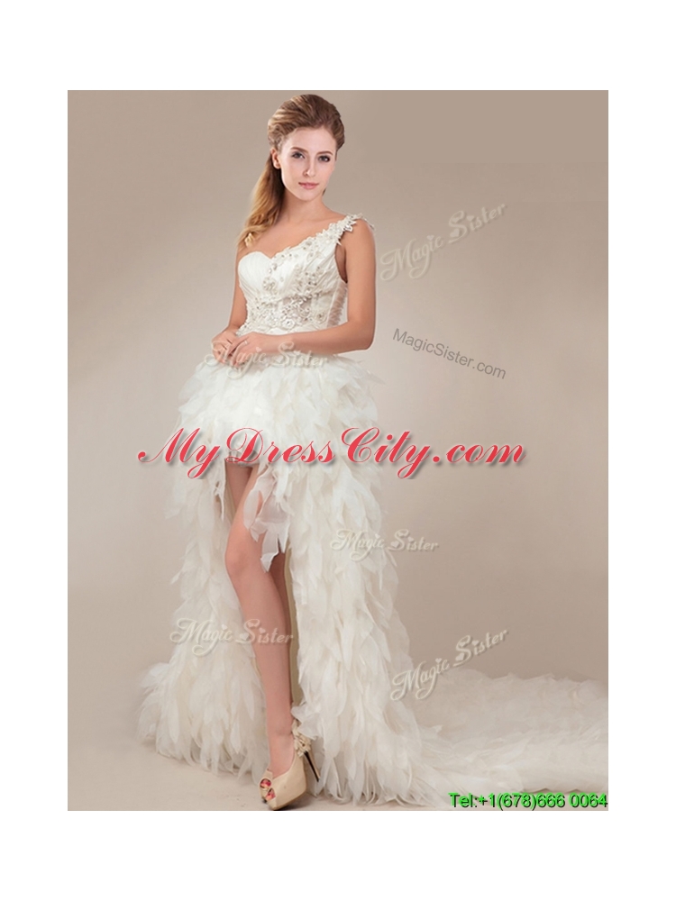 Fashionable One Shoulder High Low Wedding Dresses with Ruffles and Appliques