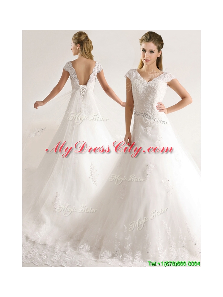 Romantic Laced and Applique Short Sleeves Wedding Dresses with Court Train