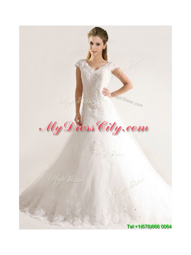 Romantic Laced and Applique Short Sleeves Wedding Dresses with Court Train