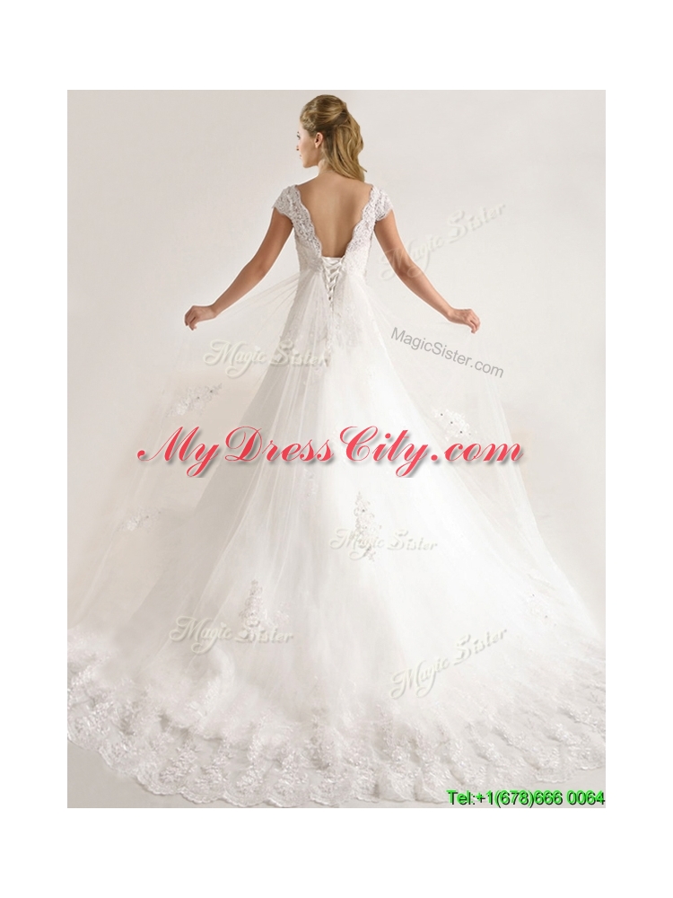 Romantic Laced and Applique Short Sleeves Wedding Dresses with Court Train