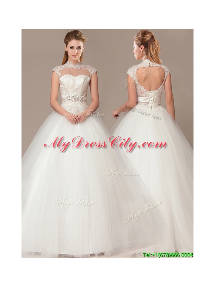 See Through Beaded Decorate Waist High Neck Shade Back Wedding Dresses with Appliques