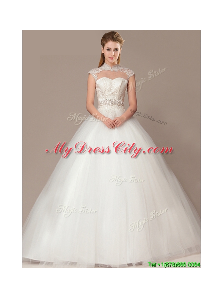 See Through Beaded Decorate Waist High Neck Shade Back Wedding Dresses with Appliques