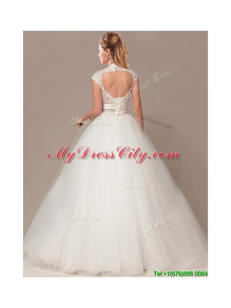 See Through Beaded Decorate Waist High Neck Shade Back Wedding Dresses with Appliques