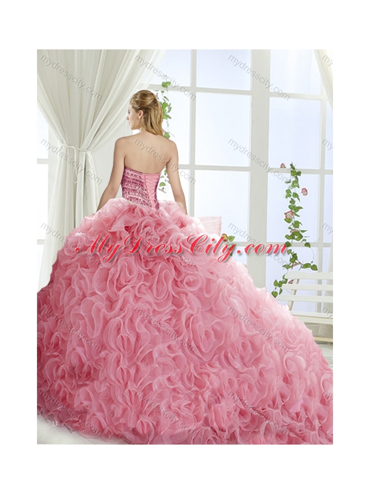 Artistic Rolling Flowers Brush Train Best Quinceanera Dresses with Beading