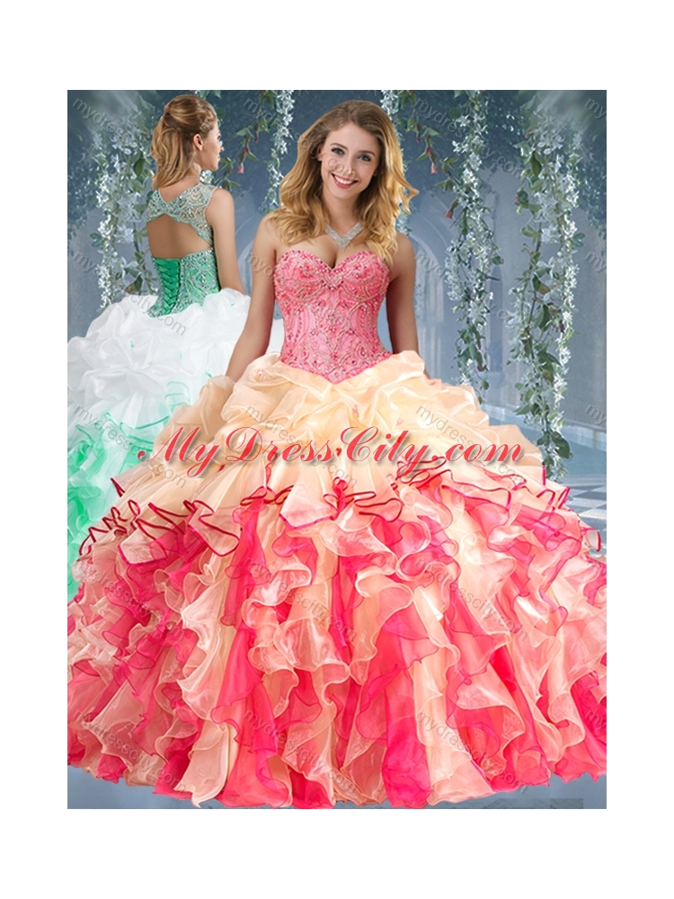 Beautiful Really Puffy Red and Champagne Beaded and Ruffled Quinceanera Dress