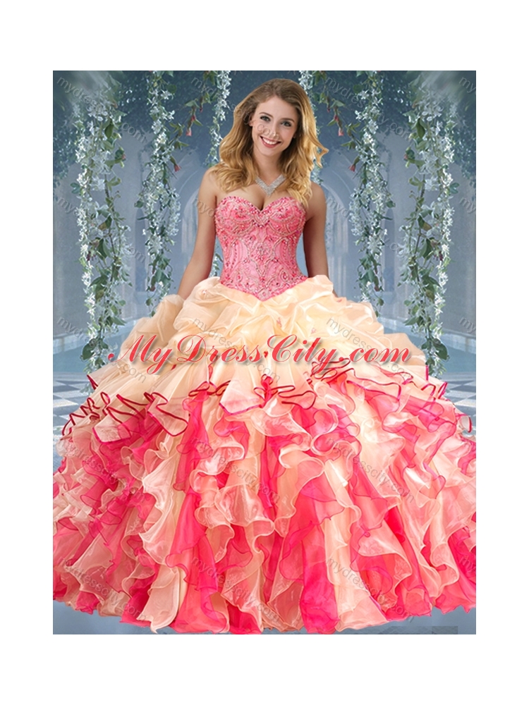 Beautiful Really Puffy Red and Champagne Beaded and Ruffled Quinceanera Dress