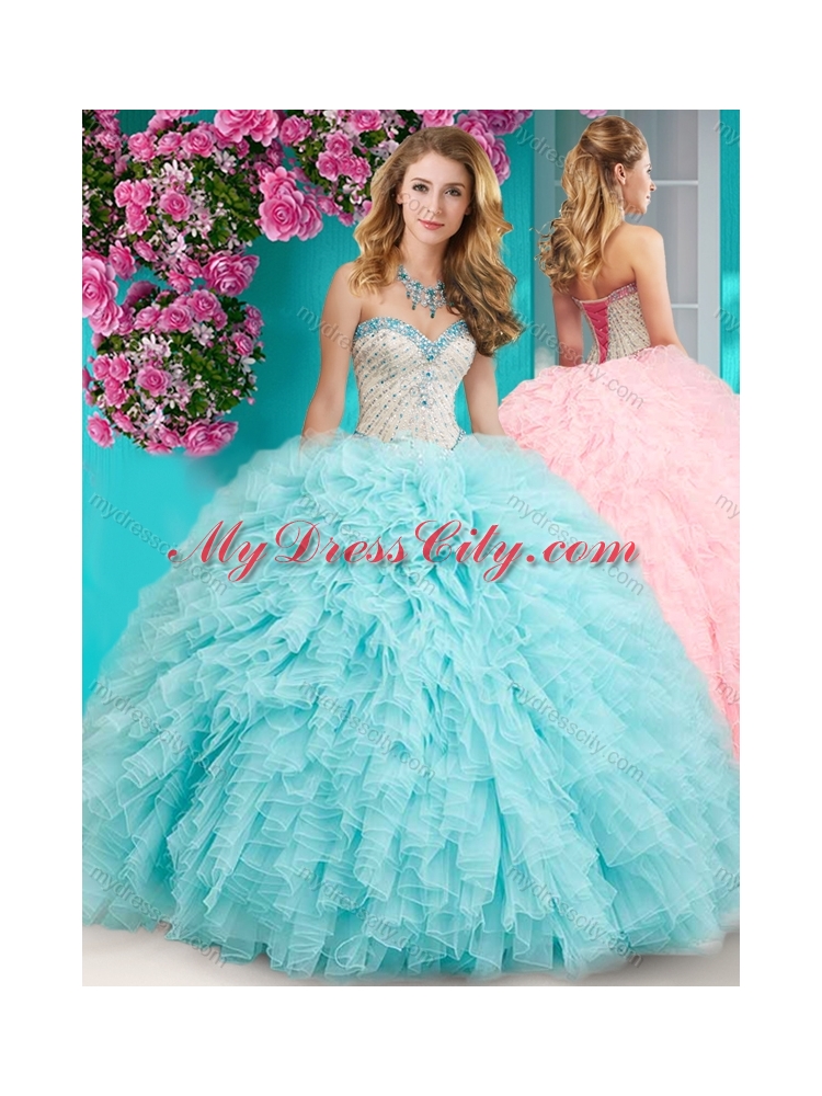 Feminine Really Puffy Floor Length Quinceanera Dress with Beading and Ruffles