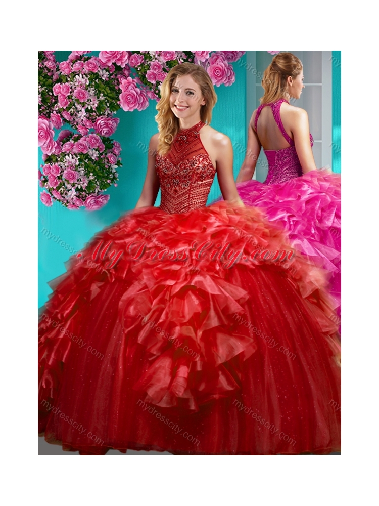 Gorgeous Beaded and Ruffled Quinceanera Dress with Halter Top