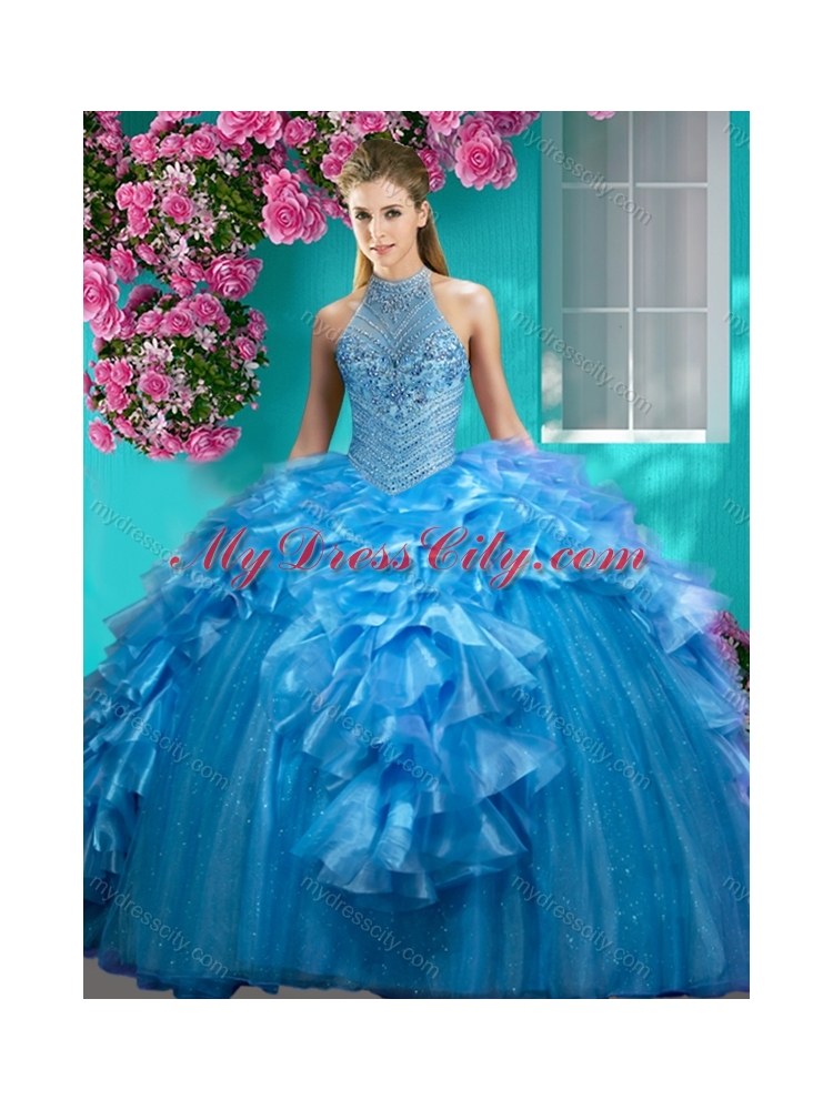 Gorgeous Beaded and Ruffled Quinceanera Dress with Halter Top