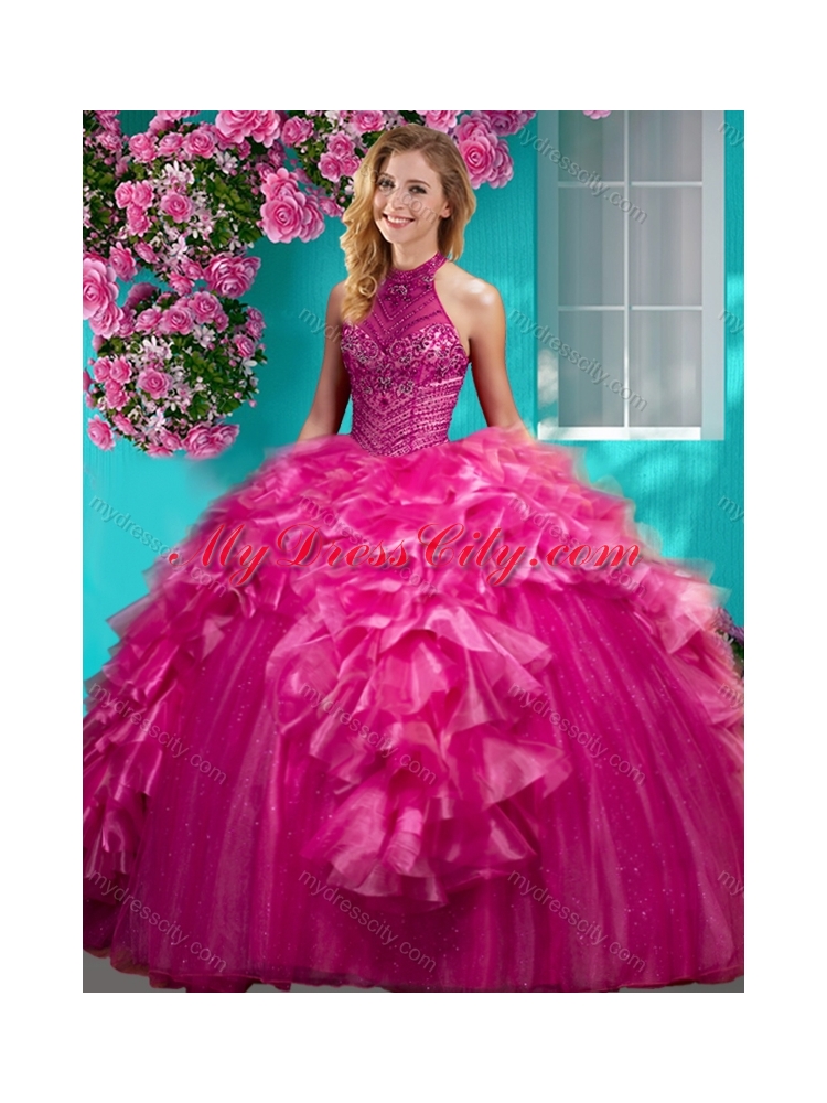 Gorgeous Beaded and Ruffled Quinceanera Dress with Halter Top