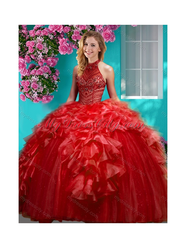 Gorgeous Beaded and Ruffled Quinceanera Dress with Halter Top