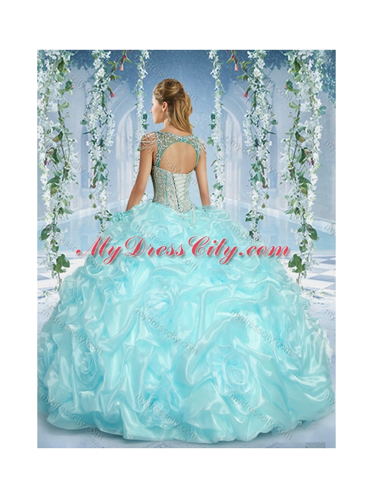 Gorgeous Cap Sleeves Beaded Light Blue Quinceanera Dress with Deep V Neck