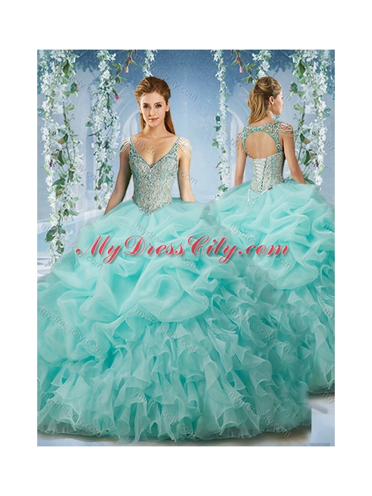 Beaded and Ruffled Aqua Blue Classic Quinceanera Dresses with Beaded Decorated Cap Sleeves