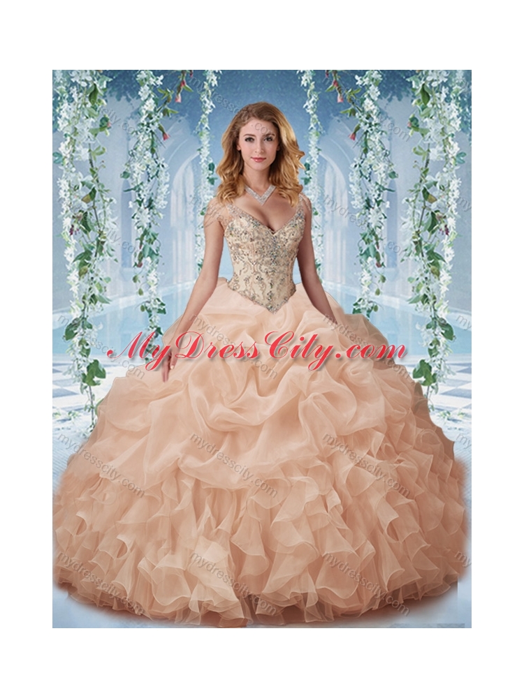 Beaded and Ruffled Aqua Blue Classic Quinceanera Dresses with Beaded Decorated Cap Sleeves