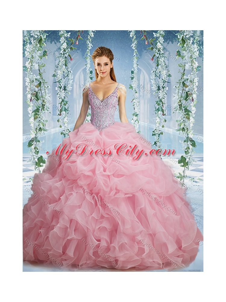 Beaded and Ruffled Aqua Blue Classic Quinceanera Dresses with Beaded Decorated Cap Sleeves