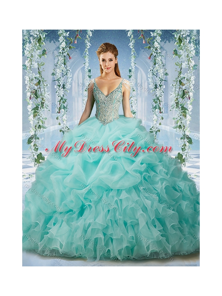 Beaded and Ruffled Aqua Blue Classic Quinceanera Dresses with Beaded Decorated Cap Sleeves