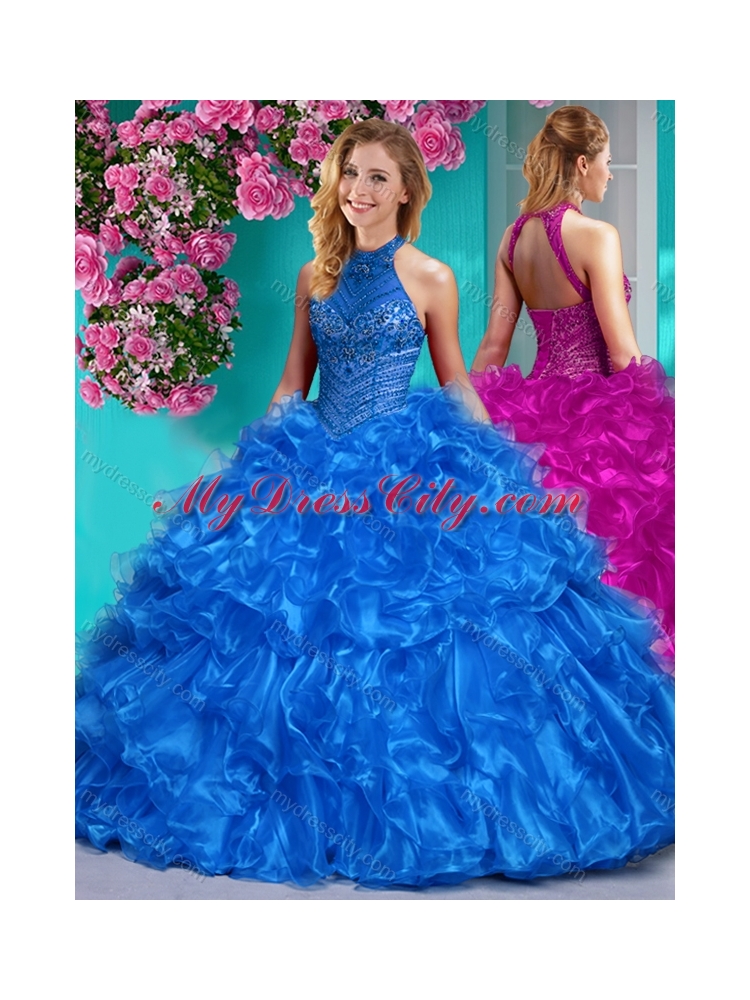 Beautiful Halter Top Beaded and Ruffled Best Quinceanera Dresses in Royal Blue