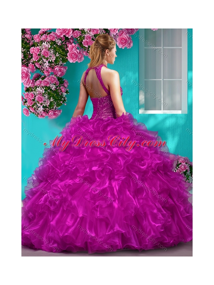 Beautiful Halter Top Beaded and Ruffled Best Quinceanera Dresses in Royal Blue