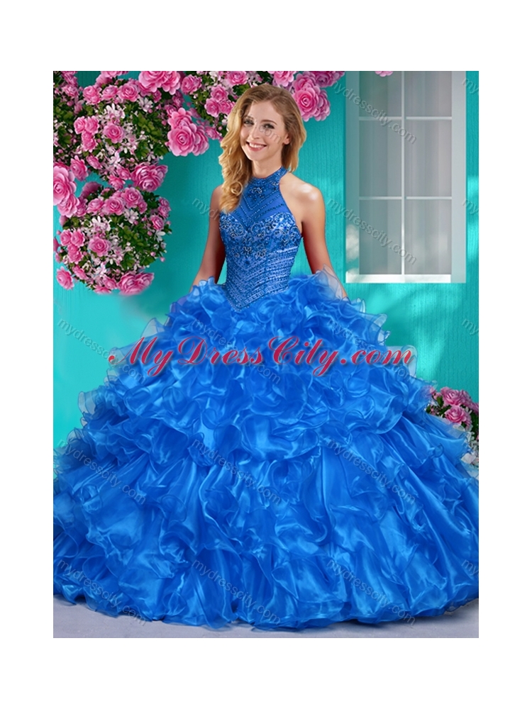 Beautiful Halter Top Beaded and Ruffled Best Quinceanera Dresses in Royal Blue