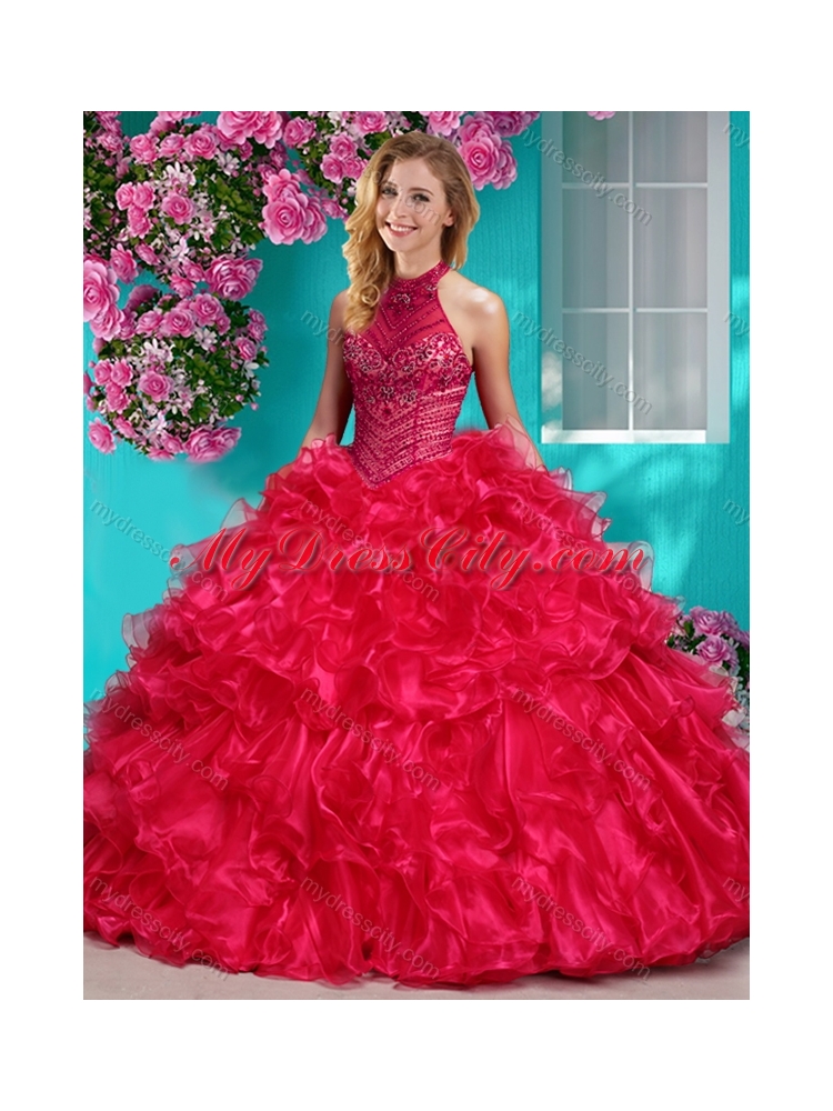 Beautiful Halter Top Beaded and Ruffled Best Quinceanera Dresses in Royal Blue