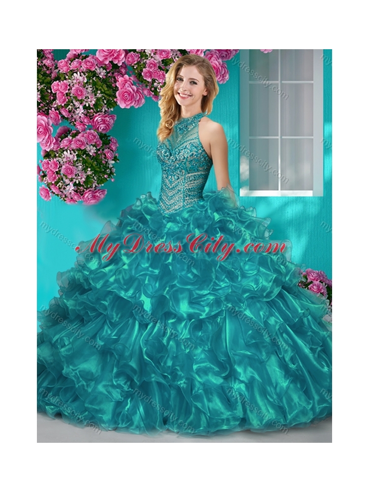 Beautiful Halter Top Beaded and Ruffled Best Quinceanera Dresses in Royal Blue