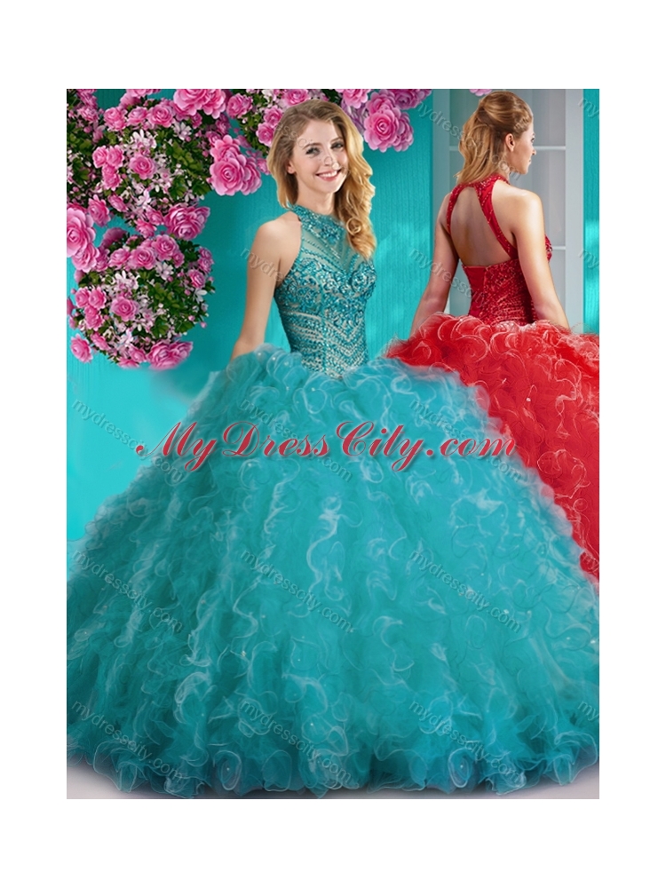 Cheap Halter Top Beaded and Ruffled Classic Quinceanera Dresses with Puffy Skirt