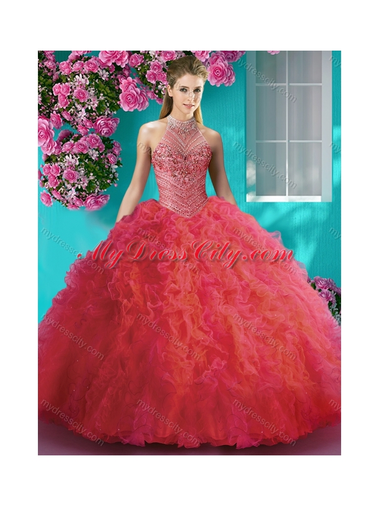 Cheap Halter Top Beaded and Ruffled Classic Quinceanera Dresses with Puffy Skirt