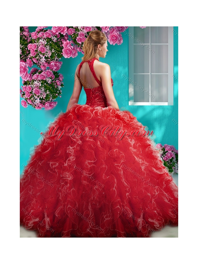 Cheap Halter Top Beaded and Ruffled Classic Quinceanera Dresses with Puffy Skirt