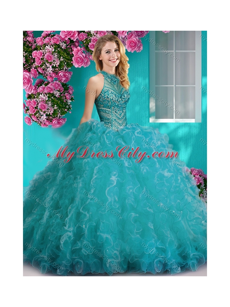 Cheap Halter Top Beaded and Ruffled Classic Quinceanera Dresses with Puffy Skirt