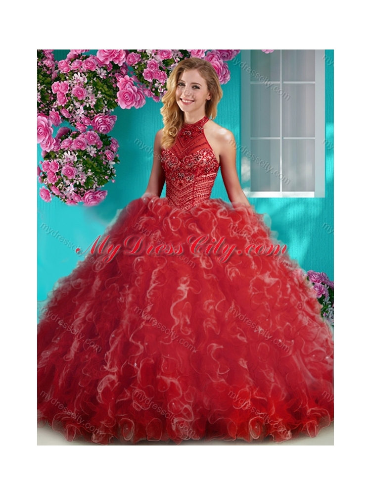 Cheap Halter Top Beaded and Ruffled Classic Quinceanera Dresses with Puffy Skirt