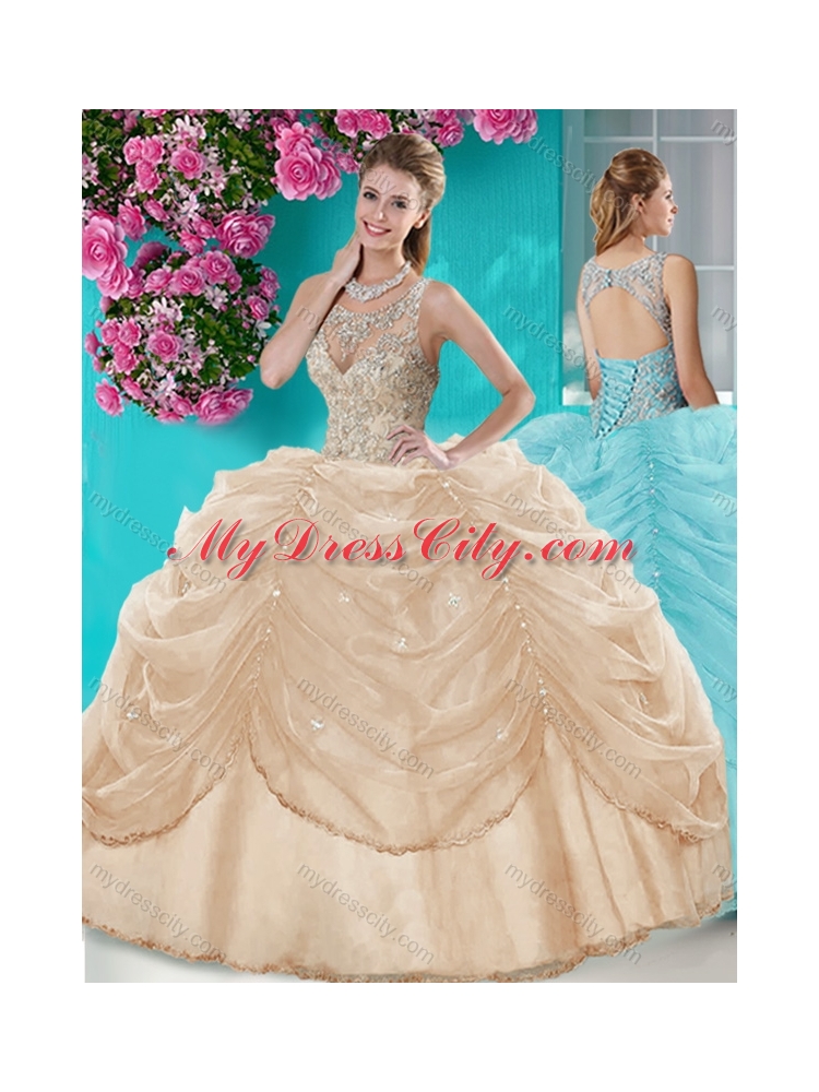 Classical Big Puffy Champagne Quinceanera Dress with Beading and Bubbles