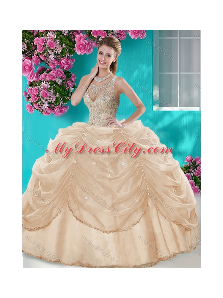 Classical Big Puffy Champagne Quinceanera Dress with Beading and Bubbles