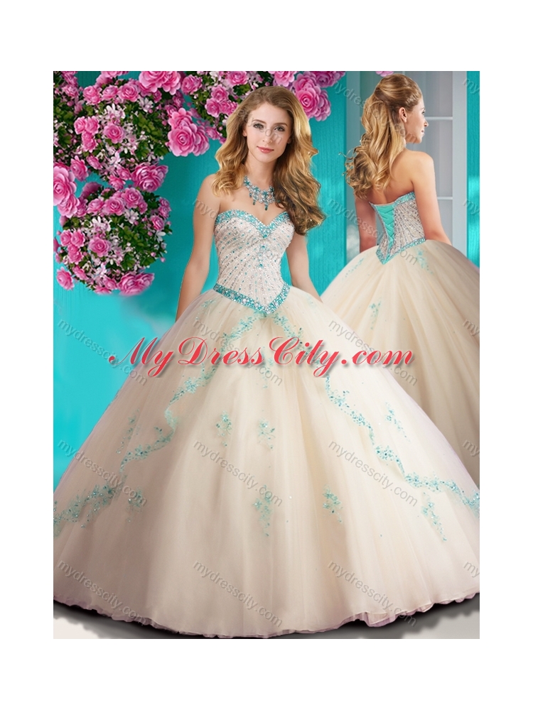 Elegant Beaded and Applique Tulle Quinceanera Dress in Champagne