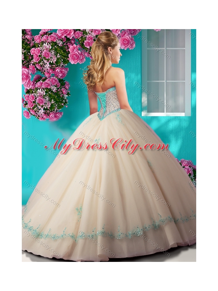 Elegant Beaded and Applique Tulle Quinceanera Dress in Champagne