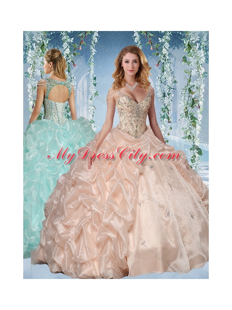 Fashionable Beaded Decorated Cap Sleeves Quinceanera Dress with Deep V Neck