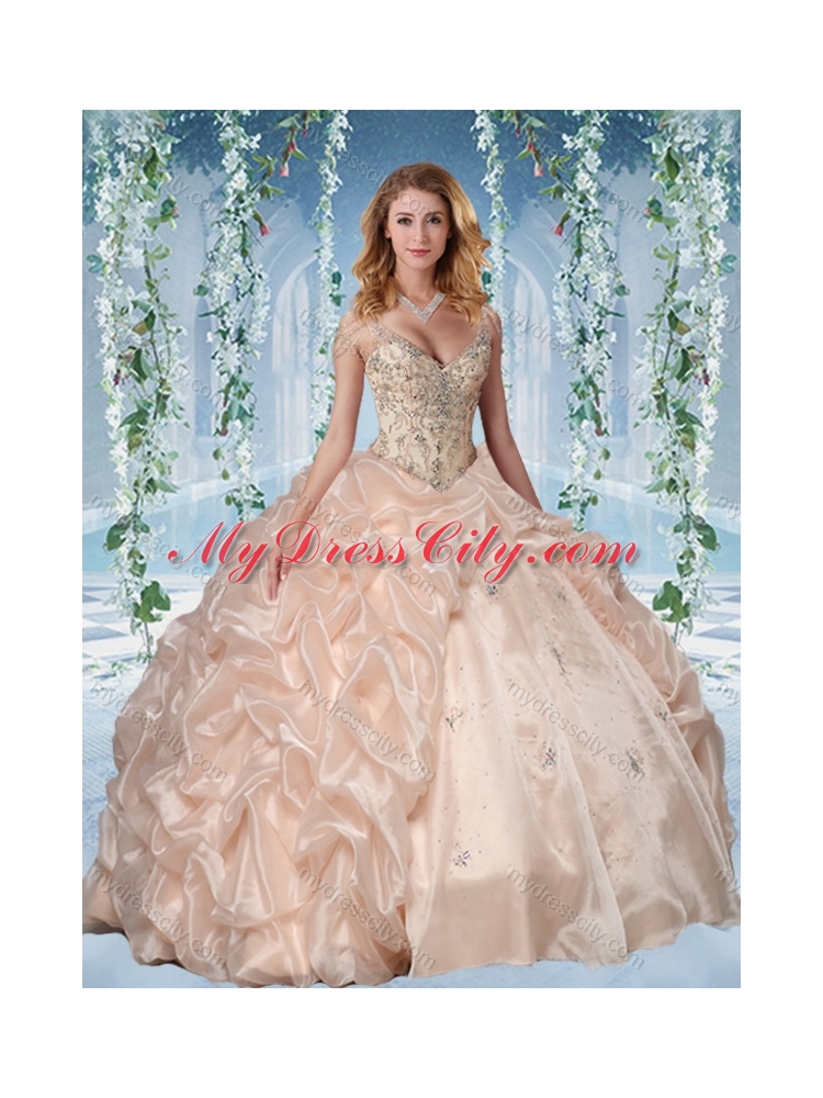 Fashionable Beaded Decorated Cap Sleeves Quinceanera Dress with Deep V Neck