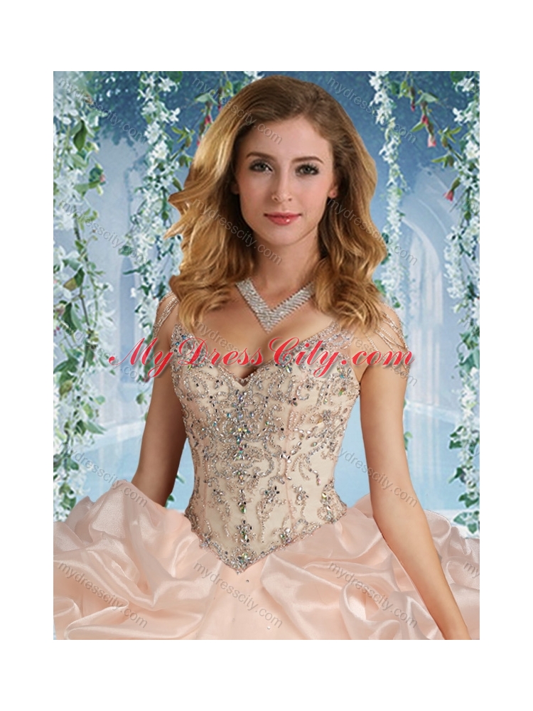 Fashionable Beaded Decorated Cap Sleeves Quinceanera Dress with Deep V Neck