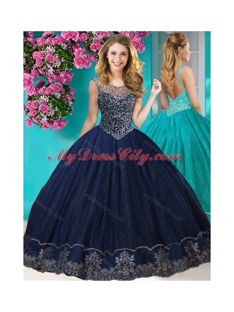 Fashionable See Through Scoop Classic Quinceanera Dresses with Beading and Appliques