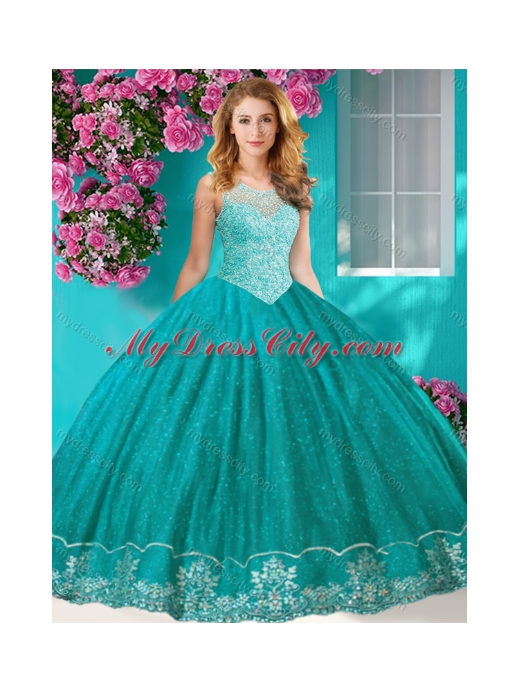 Fashionable See Through Scoop Classic Quinceanera Dresses with Beading and Appliques