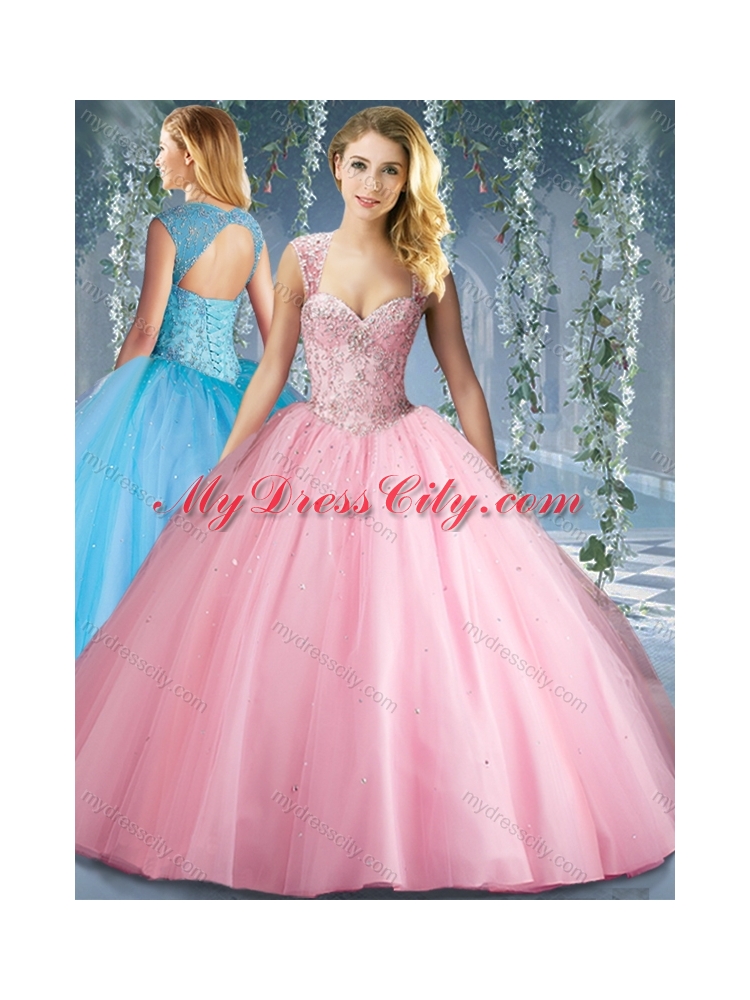 Lovely Pink Big Puffy Beaded Quinceanera Dress with Brush Train