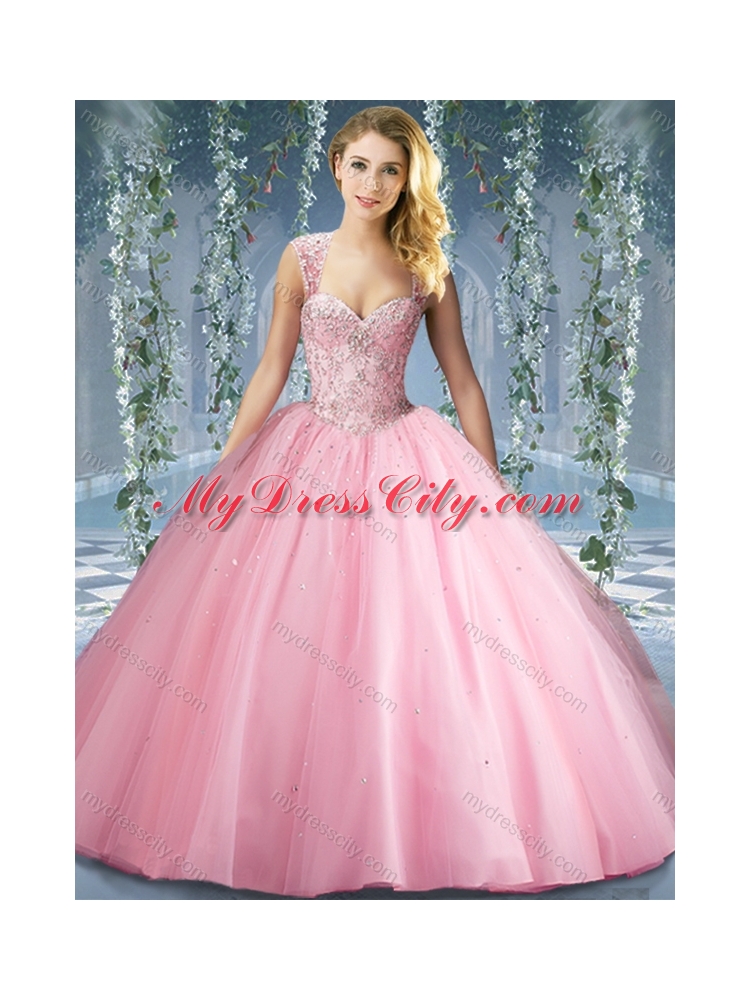 Lovely Pink Big Puffy Beaded Quinceanera Dress with Brush Train