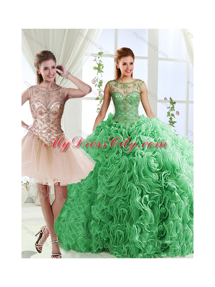 Luxurious See Through Scoop Green Detachable Quinceanera Skirts with Brush Train