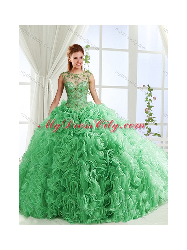 Luxurious See Through Scoop Green Detachable Quinceanera Skirts with Brush Train