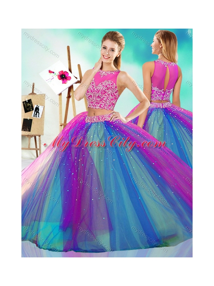 Rainbow Colored Big Puffy Detachable Quinceanera Dress with See Through